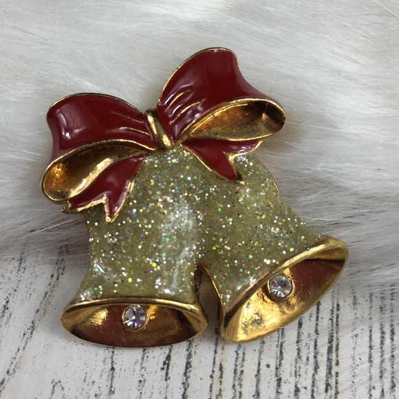 Avon Glitter Bells & Bows Rhinestone Brooch - Picture 2 of 6